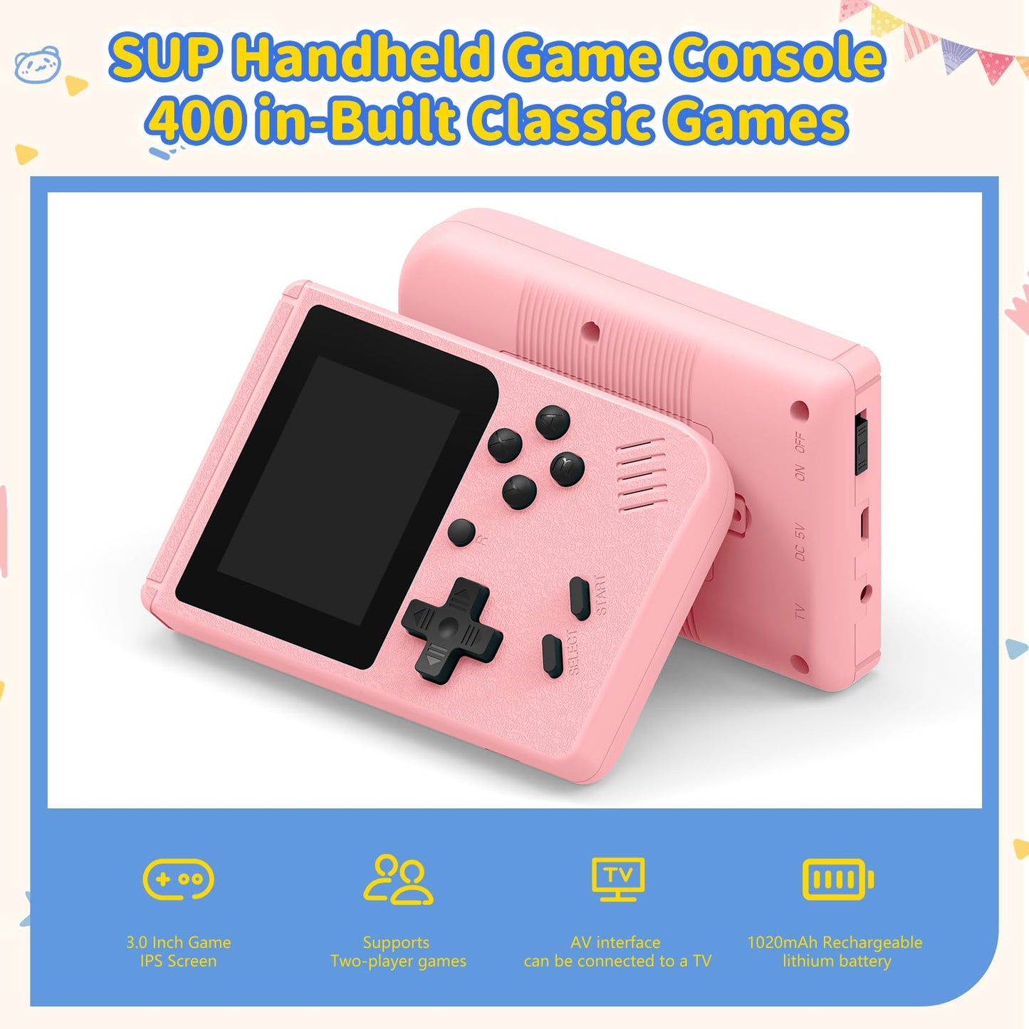 Mini Handheld Game Console for Kids, Preloaded 400 Retro Video Games, Portable Video Gaming Player with 3.0" IPS Screen and Rechargeable Battery (Pink)