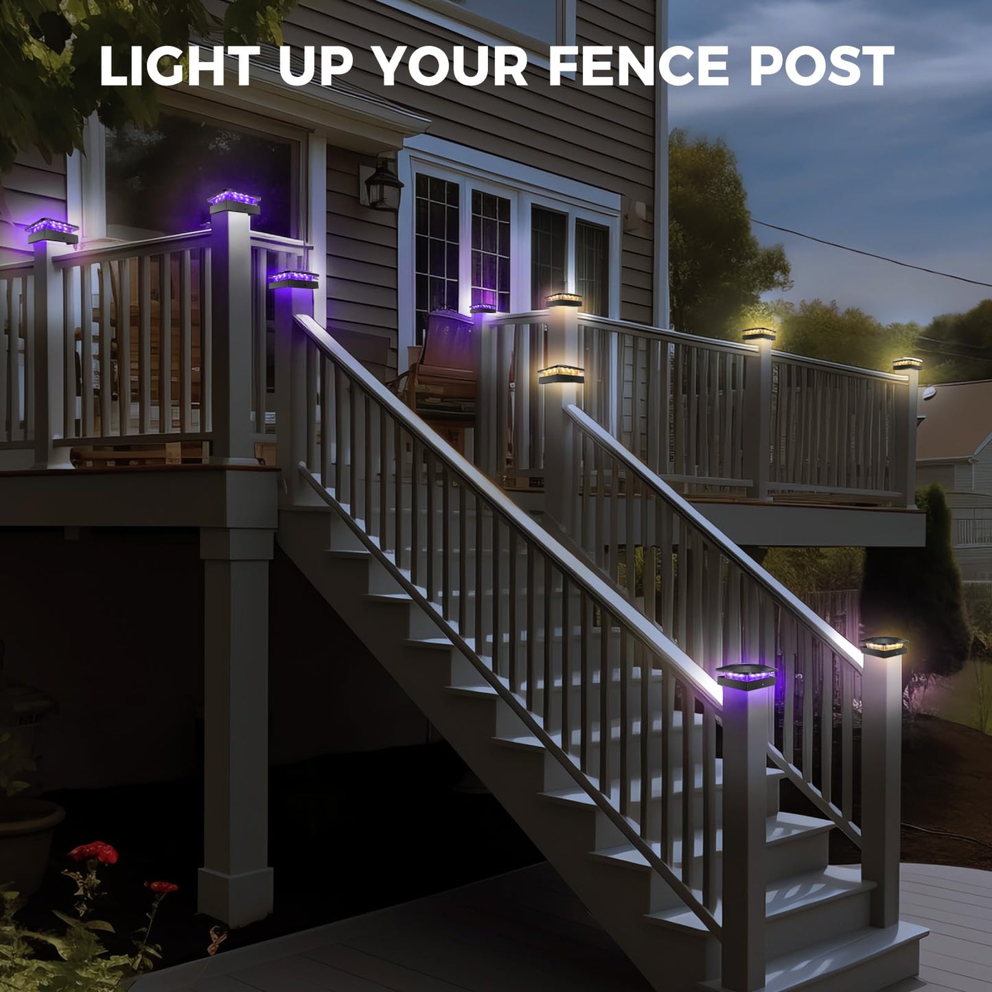 Peasur 4X4 Solar Post Lights Outdoor 4 Packs Purple & Warm White Led Fence Caps Light Waterproof Wood & Vinyl Post Top Lighting For Deck Mailbox Railing Porch Outside