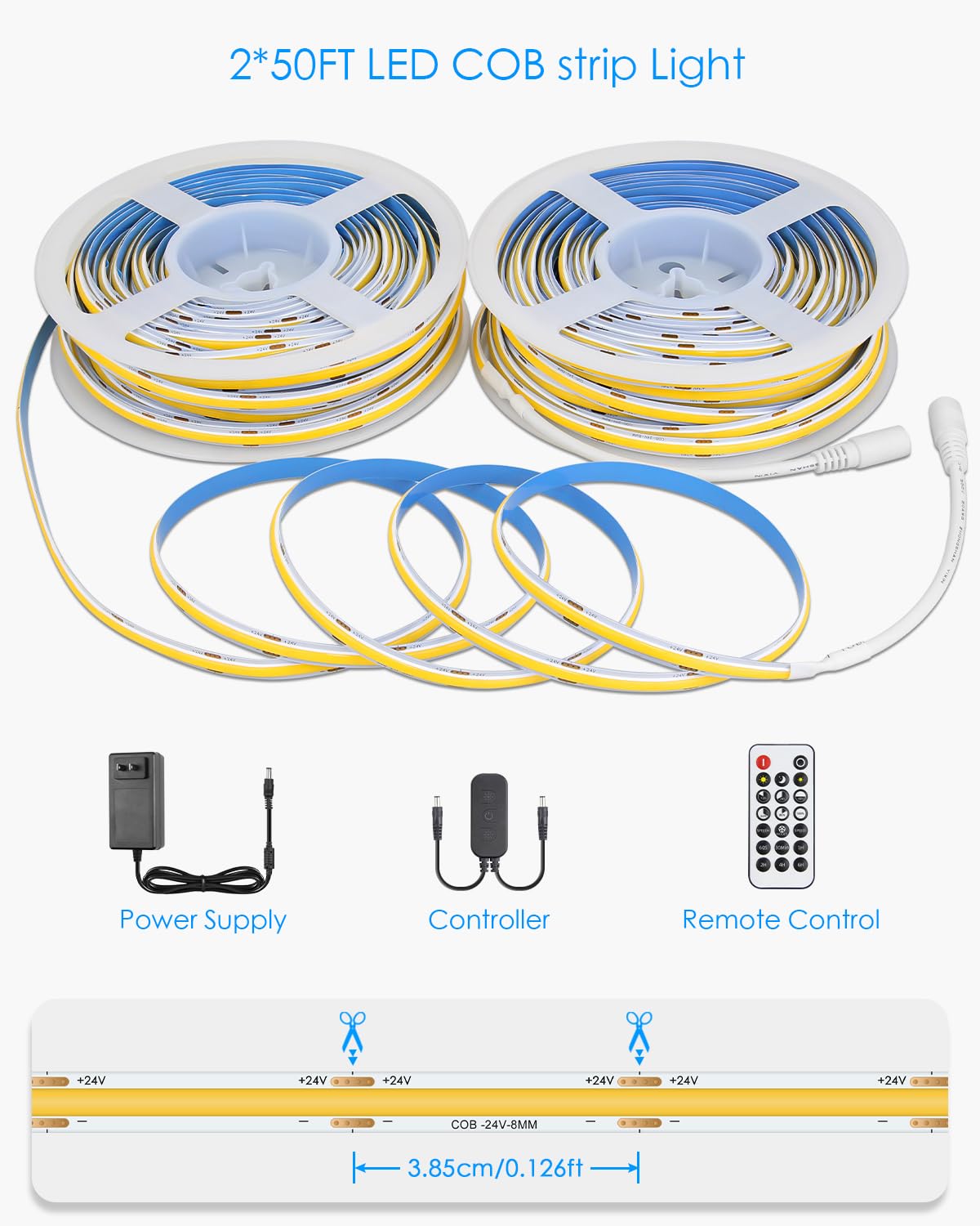 24V Cob Led Light Strip 3000K 100Ft Bluetooth Dimmable Flexible Cob Led Strip Tape Light With Remote For Bedroom Warm White Cri90+ 480Led/M Hight Density Super Bright For Home Lighting 30M/2Roll