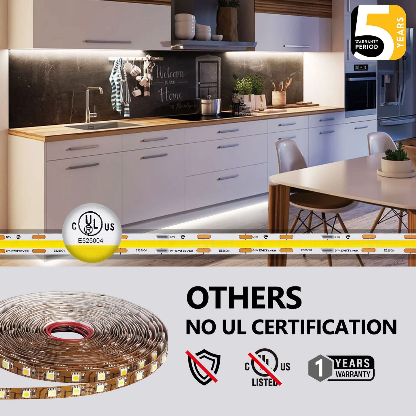 EMITEVER COB LED Strip Lights 4000K Neutral White 32.8ft 1200 LEDs 300+ Lumens/ft UL Listed 5 Year Warranty