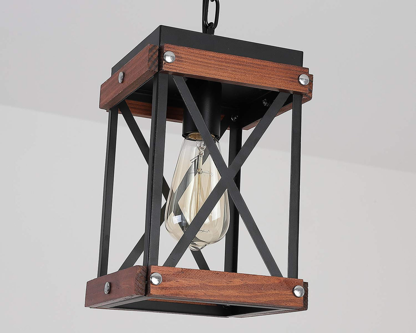 Fivess Lighting Rustic Farmhouse Plug-in Pendant Light, Black, 15ft Cord, On/Off Switch, Wood & Metal, Small, Model FSS6103-2P
