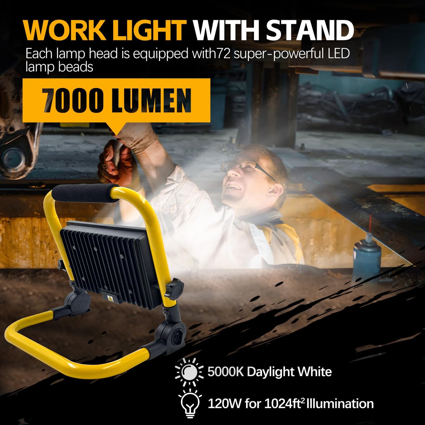 7000 Lumen Work Lights with Stand, 1 Adjustable Head LED Work Light, with Adjustable and Foldable Tripod Stand, Waterproof Lamp with Individual Switch with 6500 Kelvin Color Temperature (1-Head)