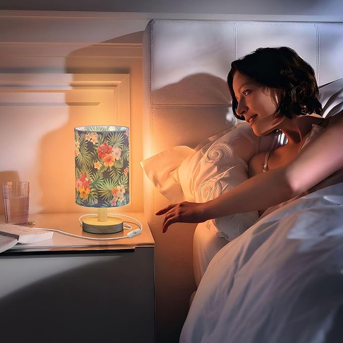 Table Lamp Tropical Palm Leaves Hibiscus Plumeria Flower Nightstand Lamp with Wood Base Fabric Lamp Shade Bedside Desk Lamp for Living Room Bedroom Kids Room Office