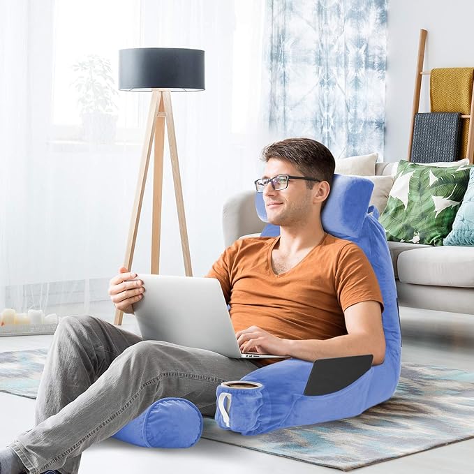 Nestl Reading Pillow Large Bed Pillow, Back Pillow for Sitting in Bed Shredded Memory Foam Chair Pillow, Reading & Bed Rest Pillows Calm Blue Back Pillow for Bed, Bed Chair Arm Pillow with Pockets