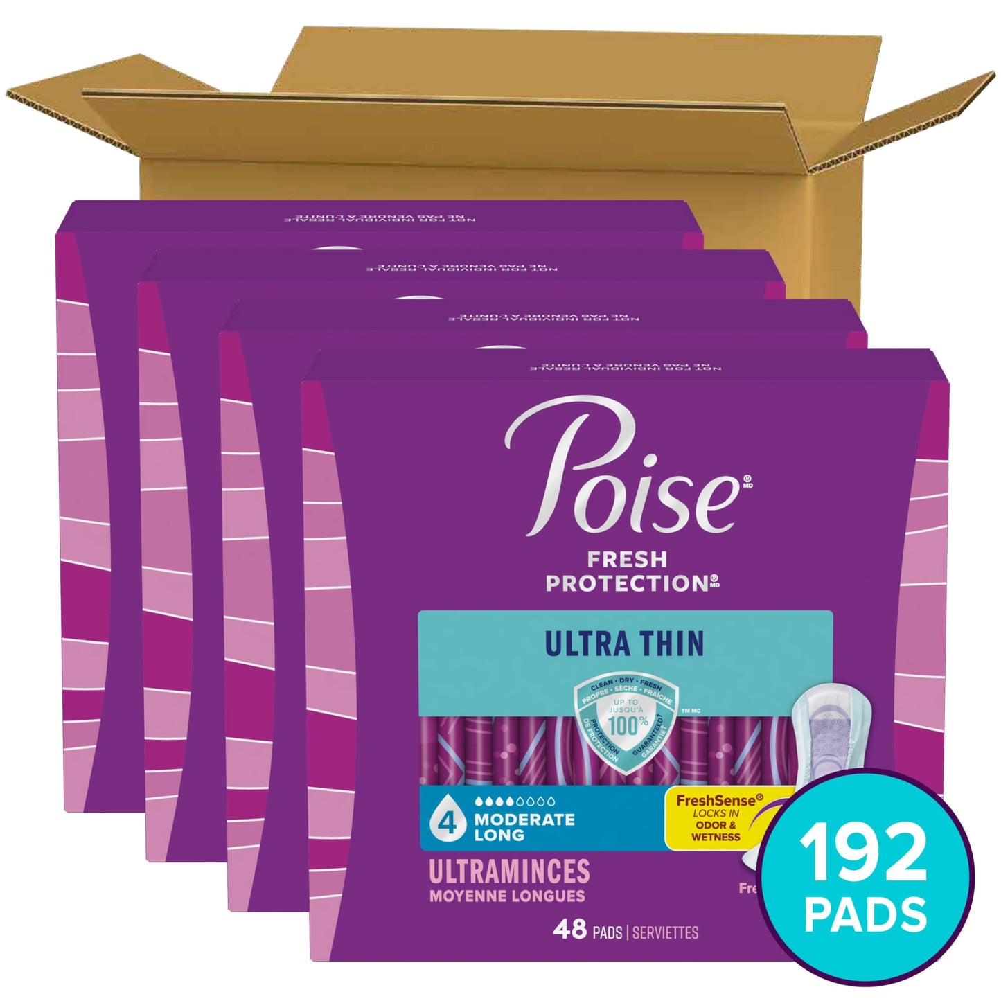Poise Ultra Thin Incontinence Pads & Postpartum Pads for Bladder Leaks, 4 Drop Moderate Absorbency, Long Length, 192 Count (4 Packs of 48), Packaging May Vary