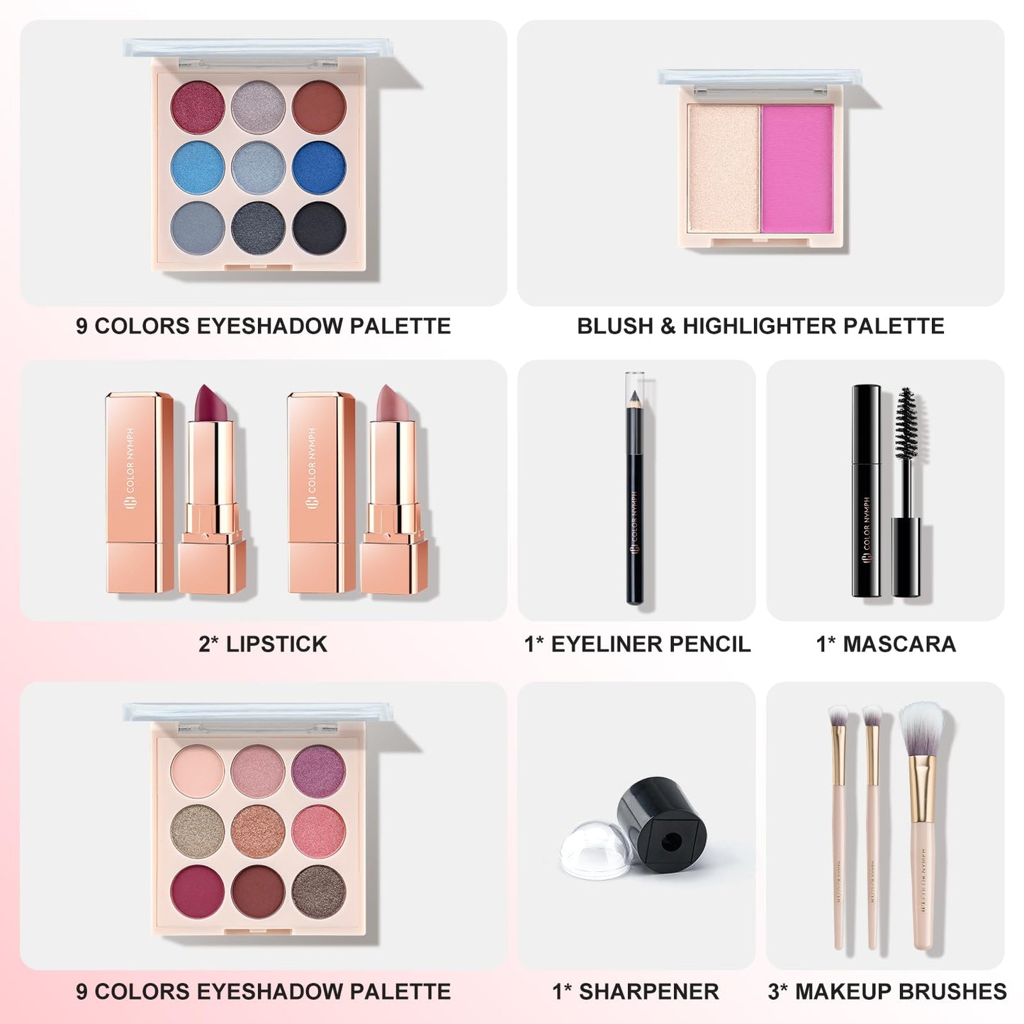 Color Nymph Beginner Makeup Set, Full Starter Cosmetics Set for Teenager Girls with Eyeshadow Palette Blush Lipstick Lip Pencil Eye Pencil Brush Mascara Portable Bag