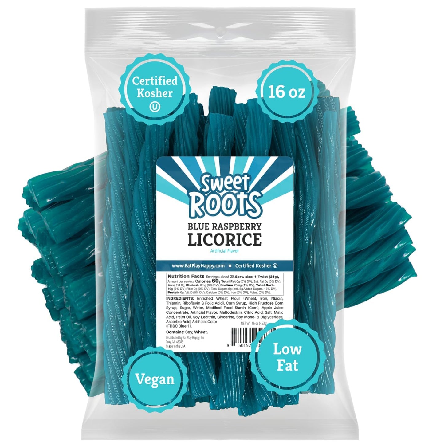 Sweet Roots Blue Raspberry Licorice Twists - 1 Bag (16 oz) - Jumbo Size Licorice Sticks | Made with Real Fruit Juice Concentrate