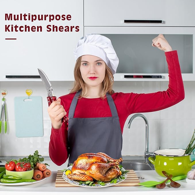 Kitchen Shears Kitchen Scissors for Food - Heavy Duty Stainless Steel Poultry Shears for Thanksgiving, Chicken, Bone, Meat, Turkey, Fish,Multi Purpose Scissor for Cutting Cooking, Dishwasher (Red)