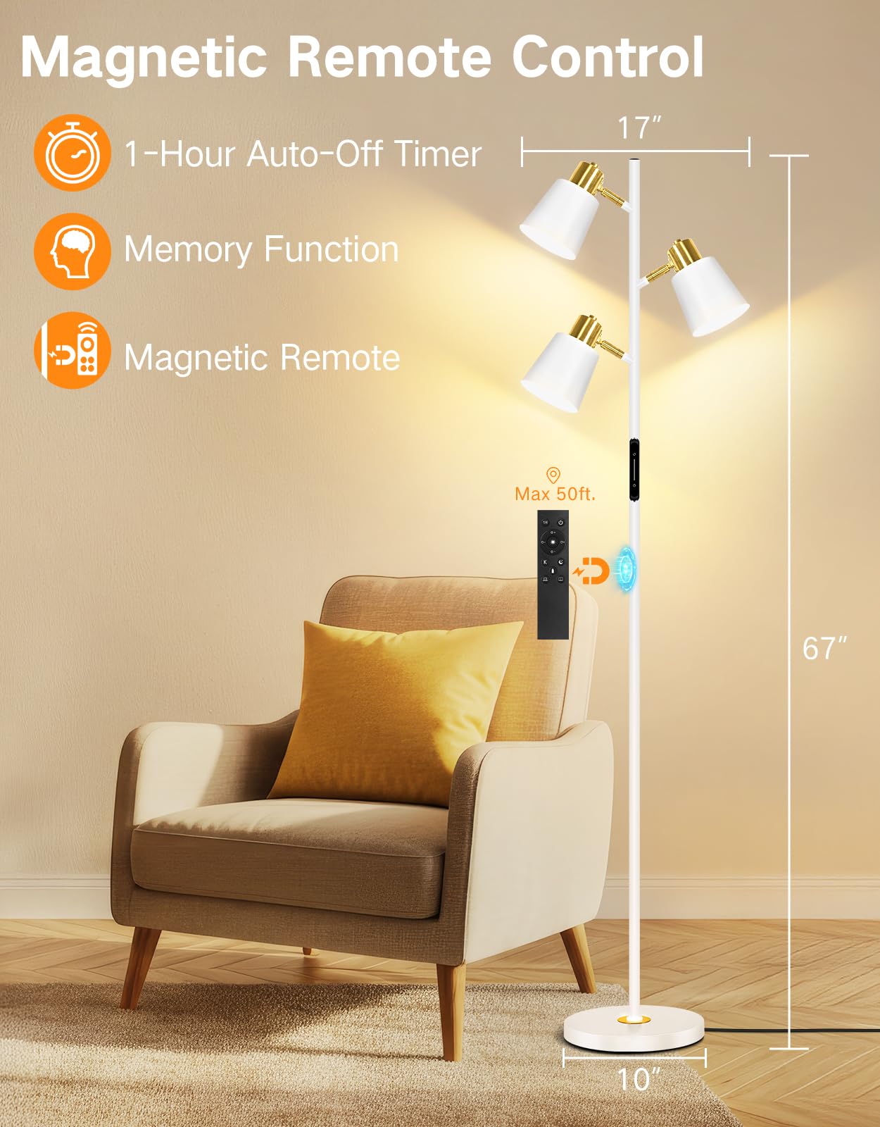 OUTON LED Floor Lamp, Modern Dimmable Standing Lamp with Remote, 4 Color Temperatures, White & Gold