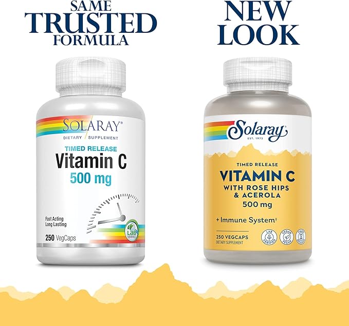 SOLARAY Vitamin C w/Rose HIPS & Acerola | 500mg | Two-Stage, Timed-Release Healthy Immune Function, Skin, Hair & Nails Support | Non-GMO | 250 CT