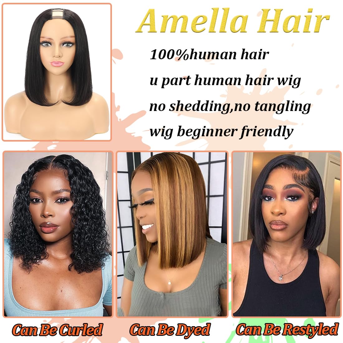 Amella Hair U Part Wig Human Hair Wigs For Black Women 12inch Short Bob Straight Wig Brazilian Remy Human Hair Bob Wigs Clip in