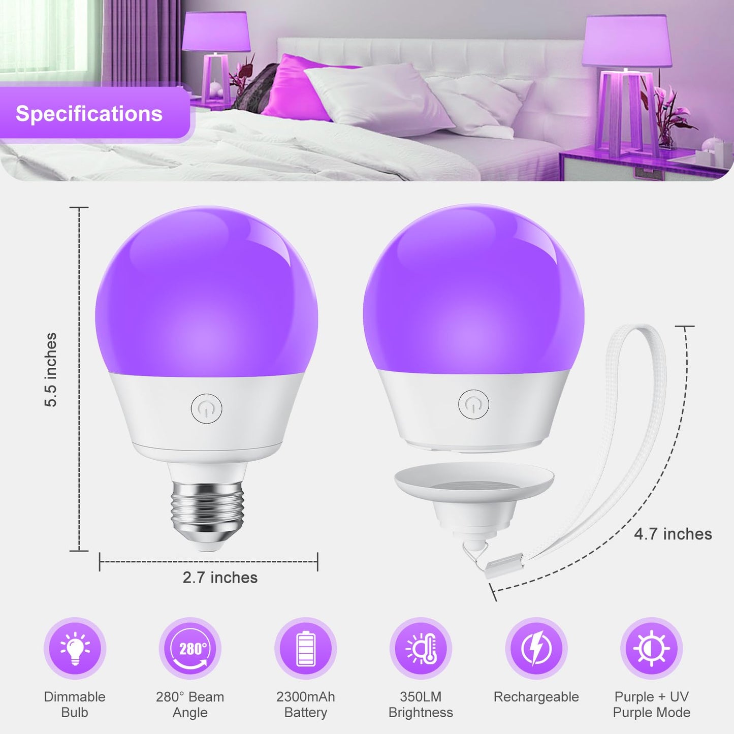 Brightown E26 Rechargeable UV Light Bulbs, 385-400nm, Glow in The Dark, 2 Pack - Purple
