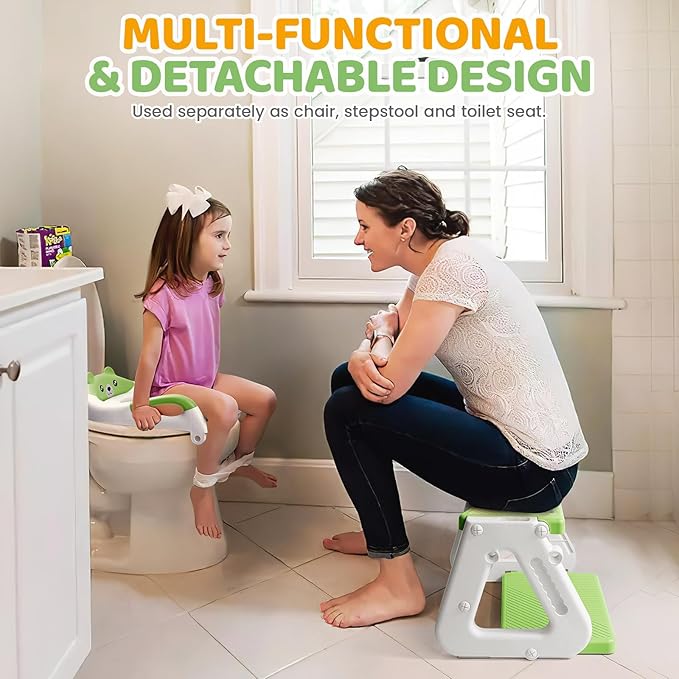 Orzbow 2-IN-1 Potty Training Seat with Step Stool, Height Adjustable Toilet Seat for Toddler, Potty Training with Splash Guard for Kids Boys Girls, Stability Ladder and Anti-Slip Pad, Green