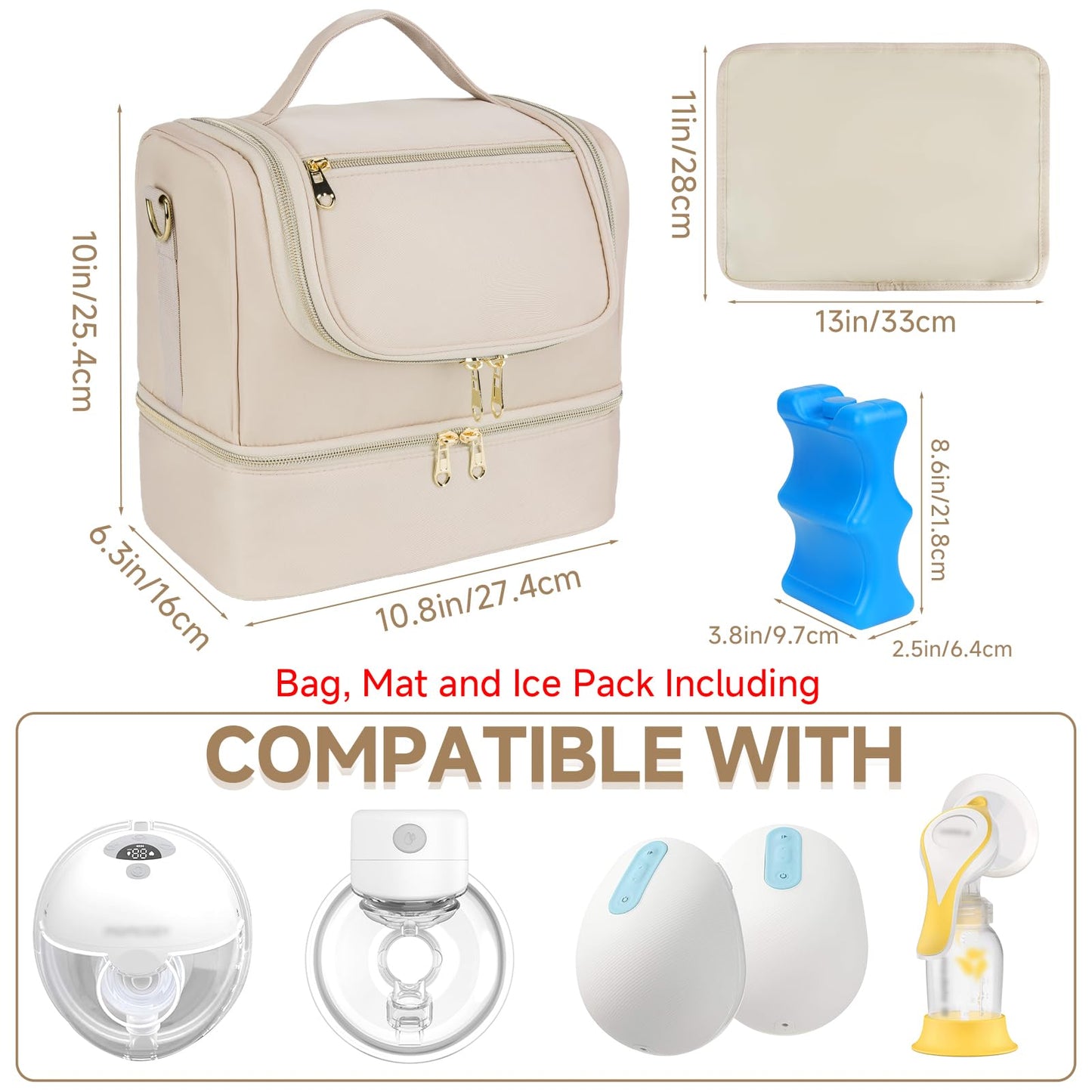Jaffzora Wearable Breast Pump Bag with Cooler Compartment Fits for Willow/Elvie/Momcozy M5/S12 Pro/Medela, Breast Milk Travel Tote Bag with Ice Pack & Waterproof Mat,Apricot