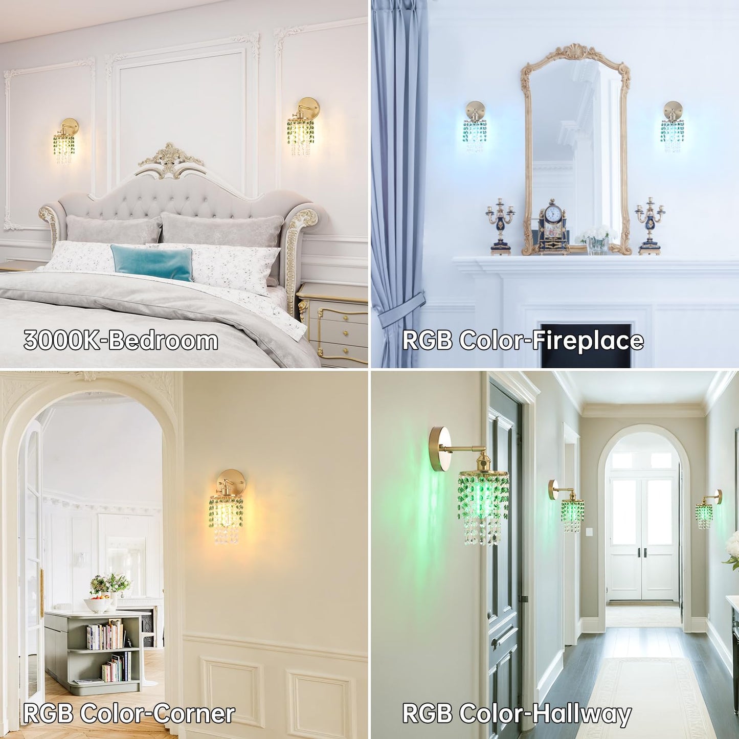 Shenmoyl Crystal Wall Sconce Set of 2, Rechargeable 5400mAh, Dimmable Wireless Lights, Green-Gold Base, Model 1-73136-wlamp