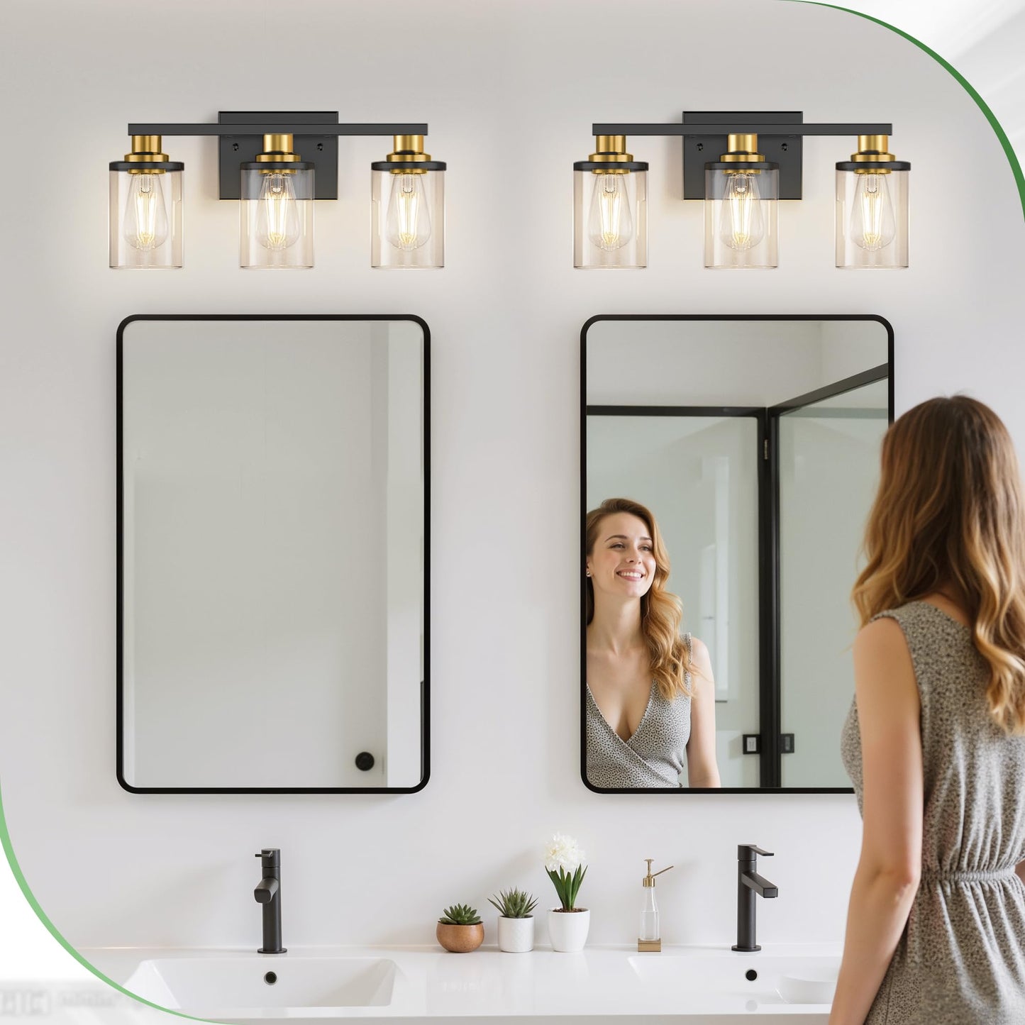 Doresshop 17 Inch Bathroom Light Fixtures 3-Light Black And Gold Bathroom Lighting Fixtures Over Mirror With Glass Shade Modern Vanity Lights For Hallway Bedroom Includes Bulbs
