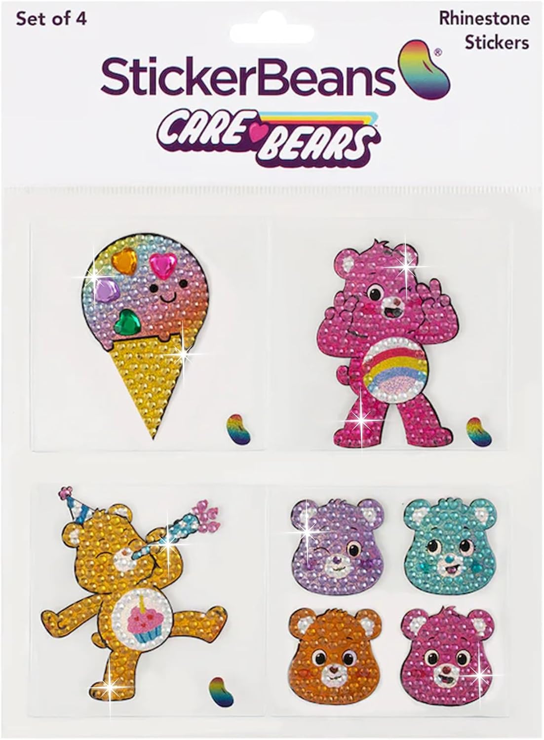 StickerBeans® Rhinestone Stickers - Care Bear II Collection 4-Pack, 2” x 2” Each, Unique Sparkly Cut-to-Shape for Collecting, Trading, Decorating Laptops, Phone Cases, Scrapbooks for Kids & Teens