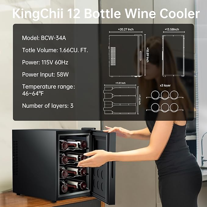 KingChii 12 Bottle Wine Cooler, Freestanding Wine Fridge with Glass Door, Adjustable Shelves & Digital Temperature Display Wine Refrigerator for Red, White, Champagne - Perfect for Home, Kitchen, Bar