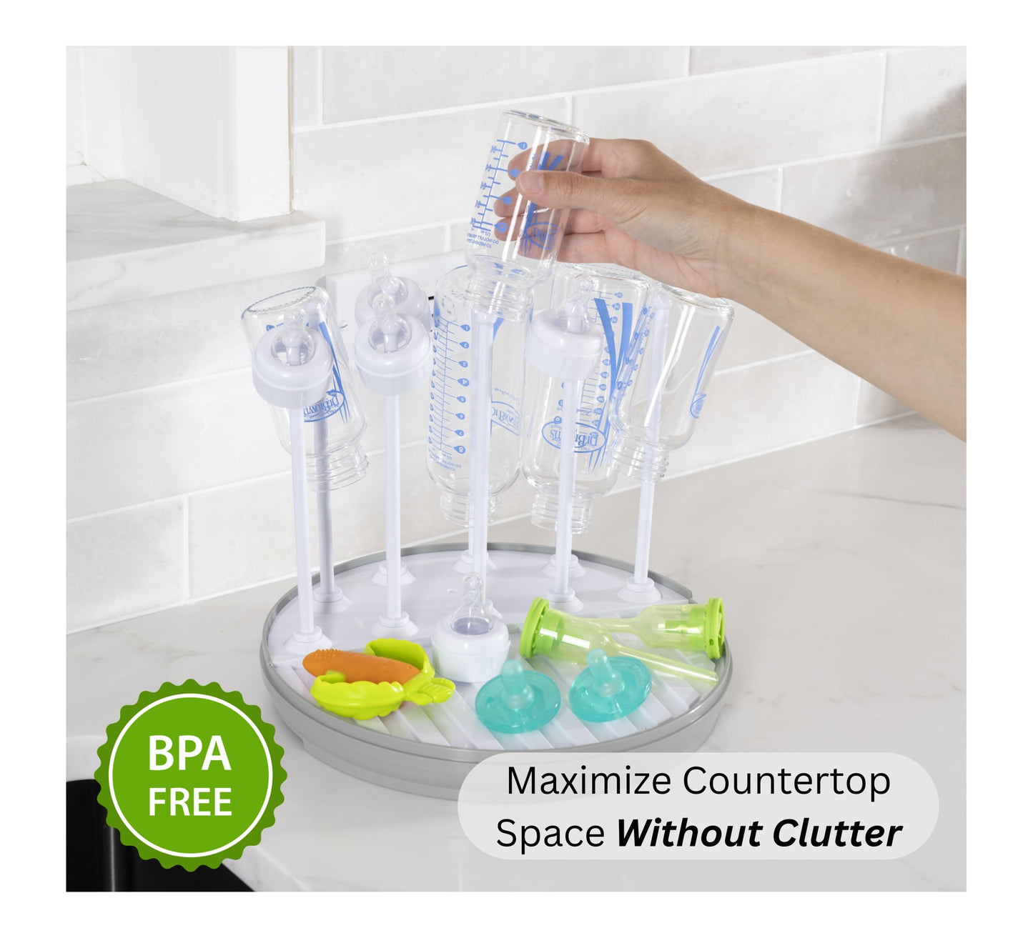 Pequeño Baby Bottle Drying Rack Compact Countertop Drying Station for Bottles, Pump Parts & Accessories – BPA-Free, Fast Drying Organizer for Newborn Essentials (Gray/White)