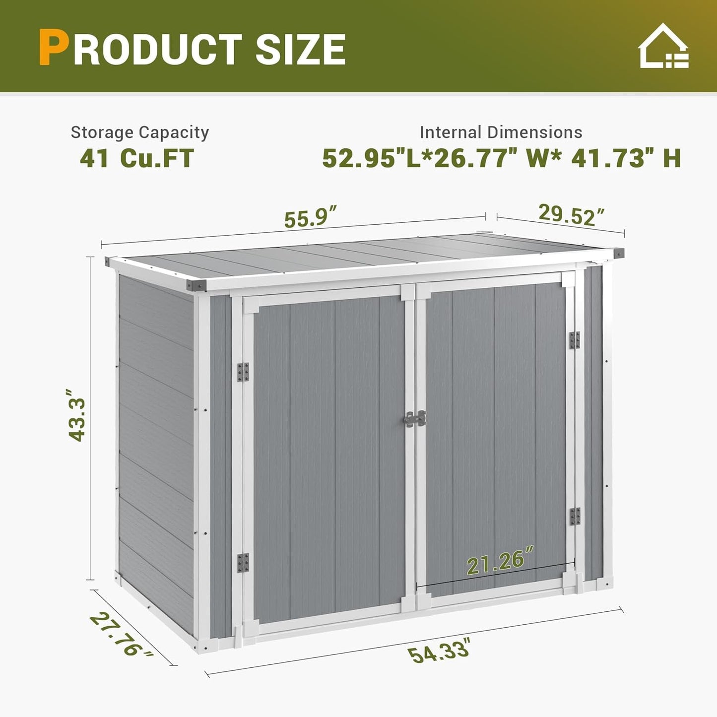 41 Cu.Ft Horizontal Outdoor Plastic Storage Shed/Box Trash Can Sheds Weatherproof Resin Shed with Floor Thickened & Gas Spring & Lockable Doors for Tools, Lawn Mower Storage(4.5 * 2.5 FT)