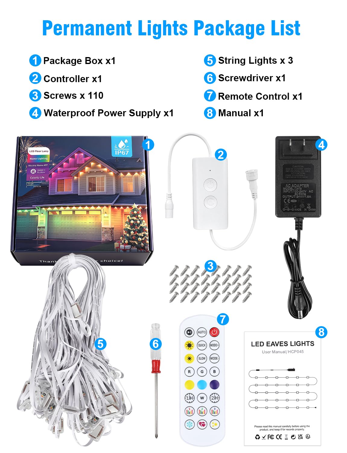 Permanent Outdoor Lights 147Ft With 54 Rgbic Led Smart Led Lights App/Remote Control Ip68 Waterproof For Holiday Decor 50 Scene Modes Diy Lights Lighting Timing For Christmas Halloween Party M2