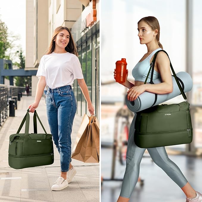 ETRONIK Gym Bag for Women, Travel Duffel Bag with USB Charging Port, Weekender Overnight Bag with Wet Pocket and Shoes Compartment for Women, Travel, Gym, Yoga (Army Green)