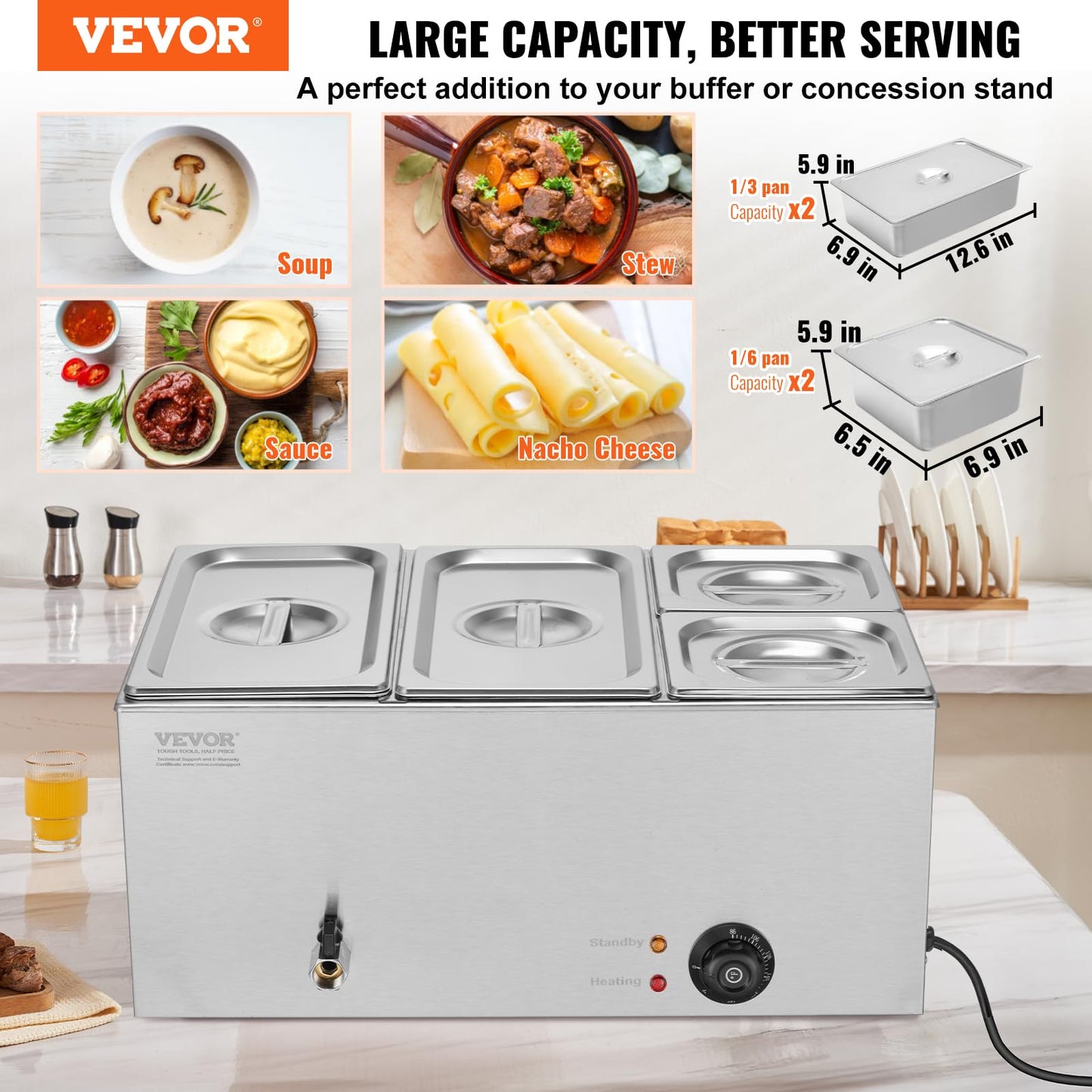 VEVOR 4-Pan Commercial Food Warmer, 24QT Electric Steam Table, 1200W Professional Countertop Stainless Steel Buffet Bain Marie with 86-185°F Temp Control for Catering and Restaurants, Silver