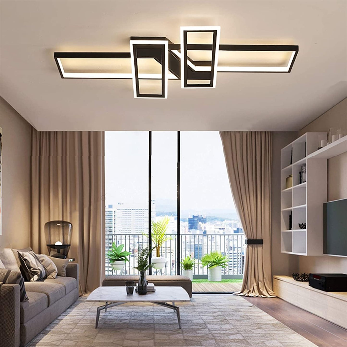 Fbfc 47.2In Modern Led Ceiling Lights Fixture 116W Black Dimmable Chandelier Rectangular With Remote Control Diningroom Lamp Flushmount Geometric Led Ceiling Lamps For Bedroom Living Room
