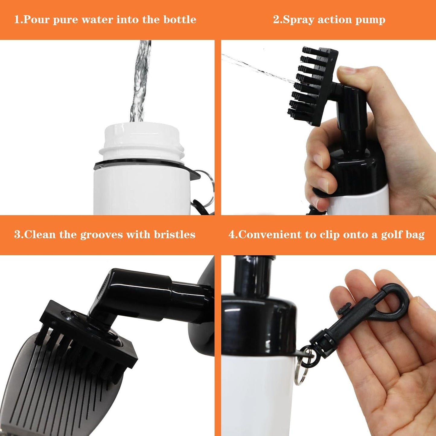Pro Golf Club Cleaner,Includes Water Golf Club Brush Golf Towel Golf Accessories,Heavy Duty Retractable Clip- Squeeze Bottle for Easy Cleaning with Nylon Bristles- Holds 4 Oz Water(White)