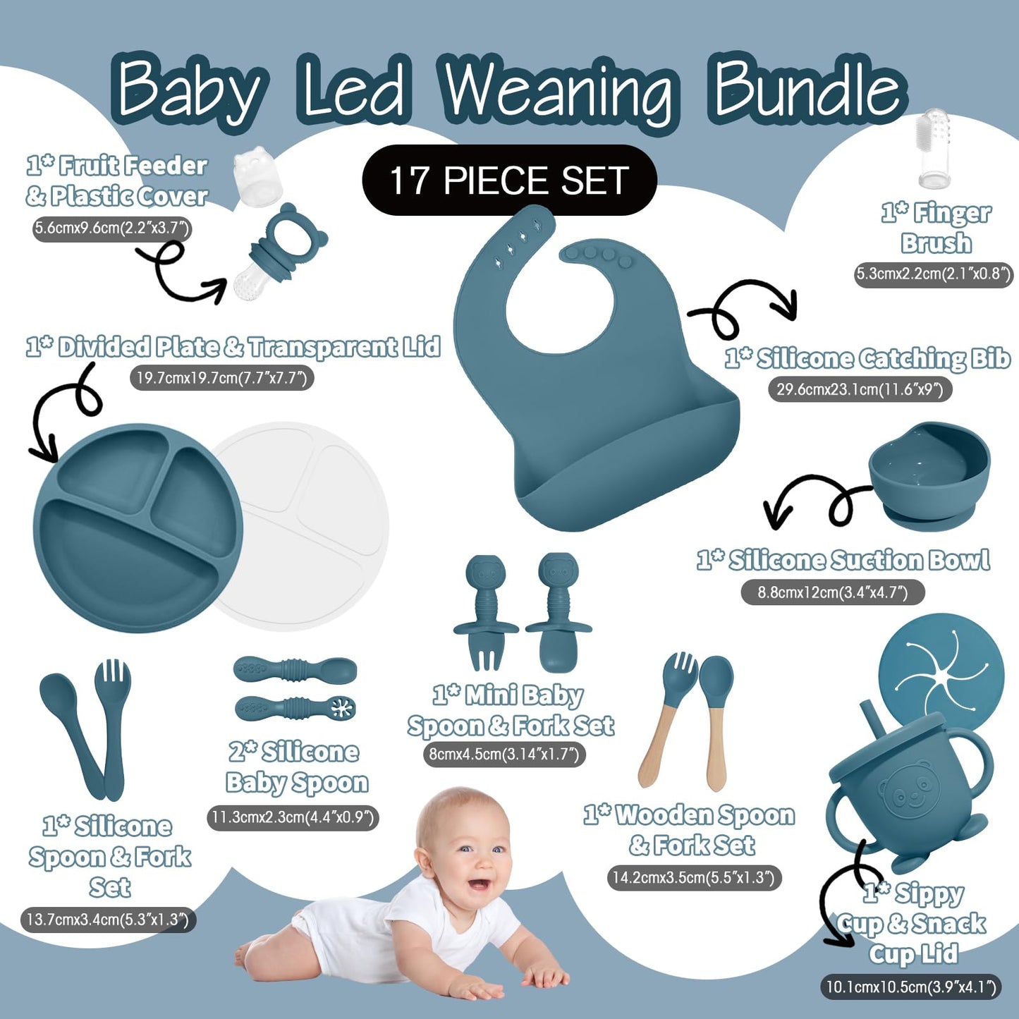 Baby Led Weaning Supplies, 17 Piece BPA-Free Silicone Feeding Set, Eating Essentials Baby Utensils with Suction Plate and Bowl, Pocket Bib, Sippy Cup with Lid, for 6+ Months, Blue