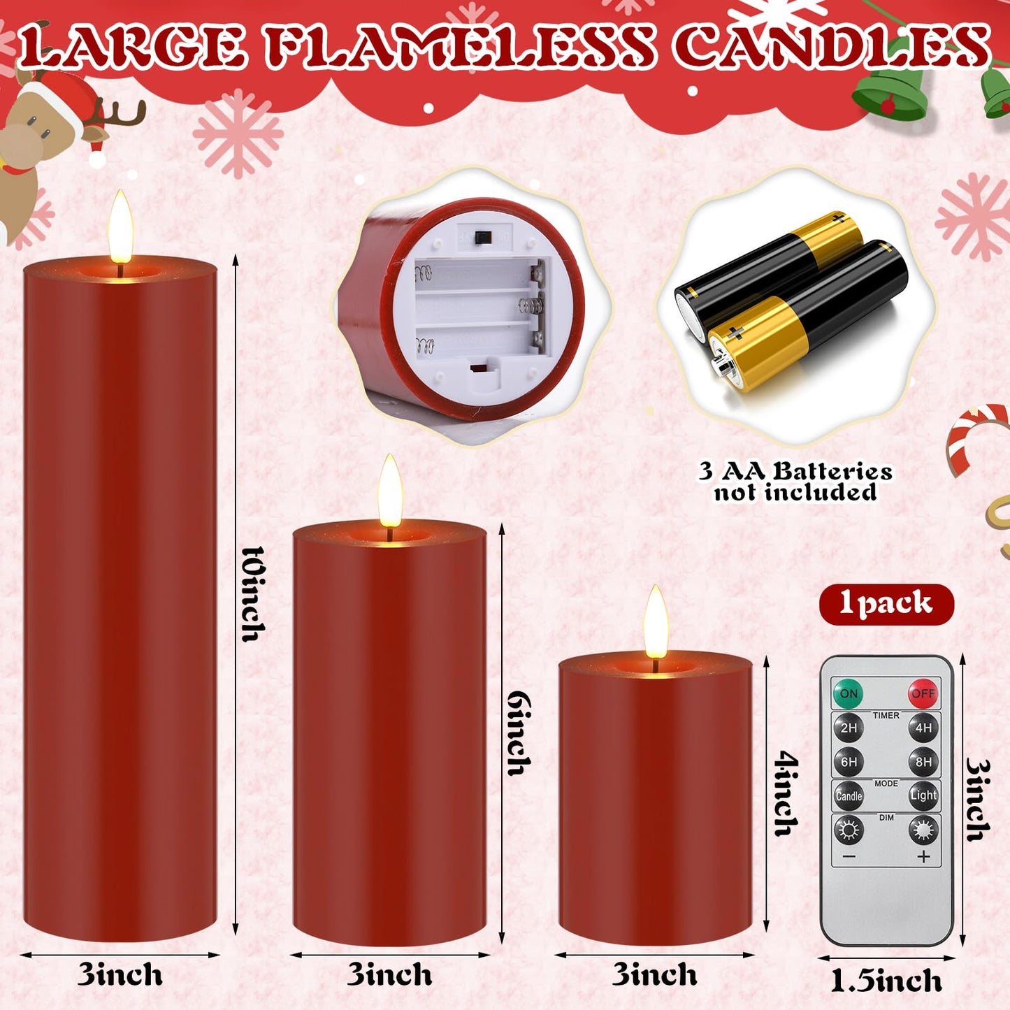 Retisee 3 Pcs Christmas Red Large Flameless LED Battery Operated Candles with Remote Xmas Pillar Flameless Flickering Candles for Indoor Outdoor Santa Party Wedding Light Decor(4''/6''/10'' x 3'')