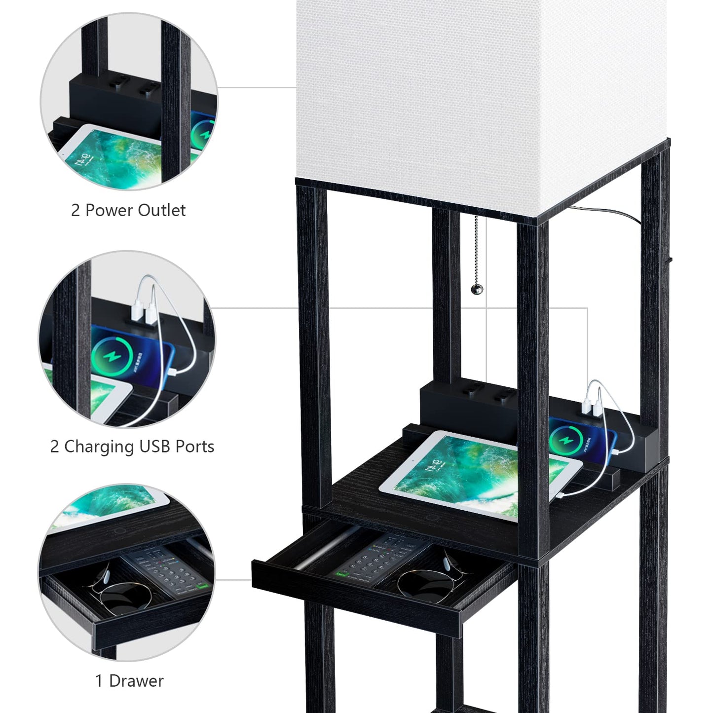SUNMORY Floor Lamp with Shelves, Dimmable, Wood, Black, 1 Drawer, 2 USB Ports, 2 Power Outlets, Tall Bookshelf Lamp for Living Room/Bedroom