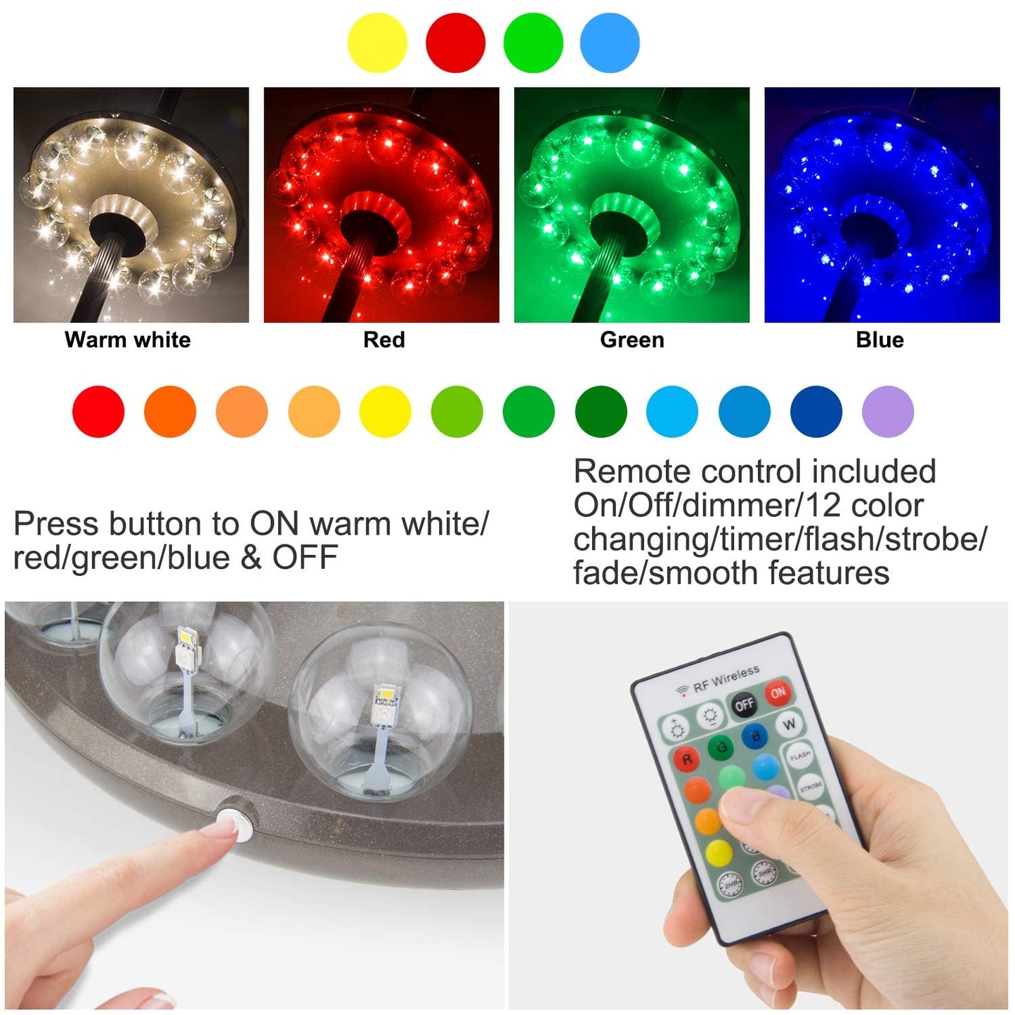 BIGMONAT Battery Operated Umbrella Light with RF Remote Control, 12 Colors, Dimmable, Model B61, Bronze-clear Bulb