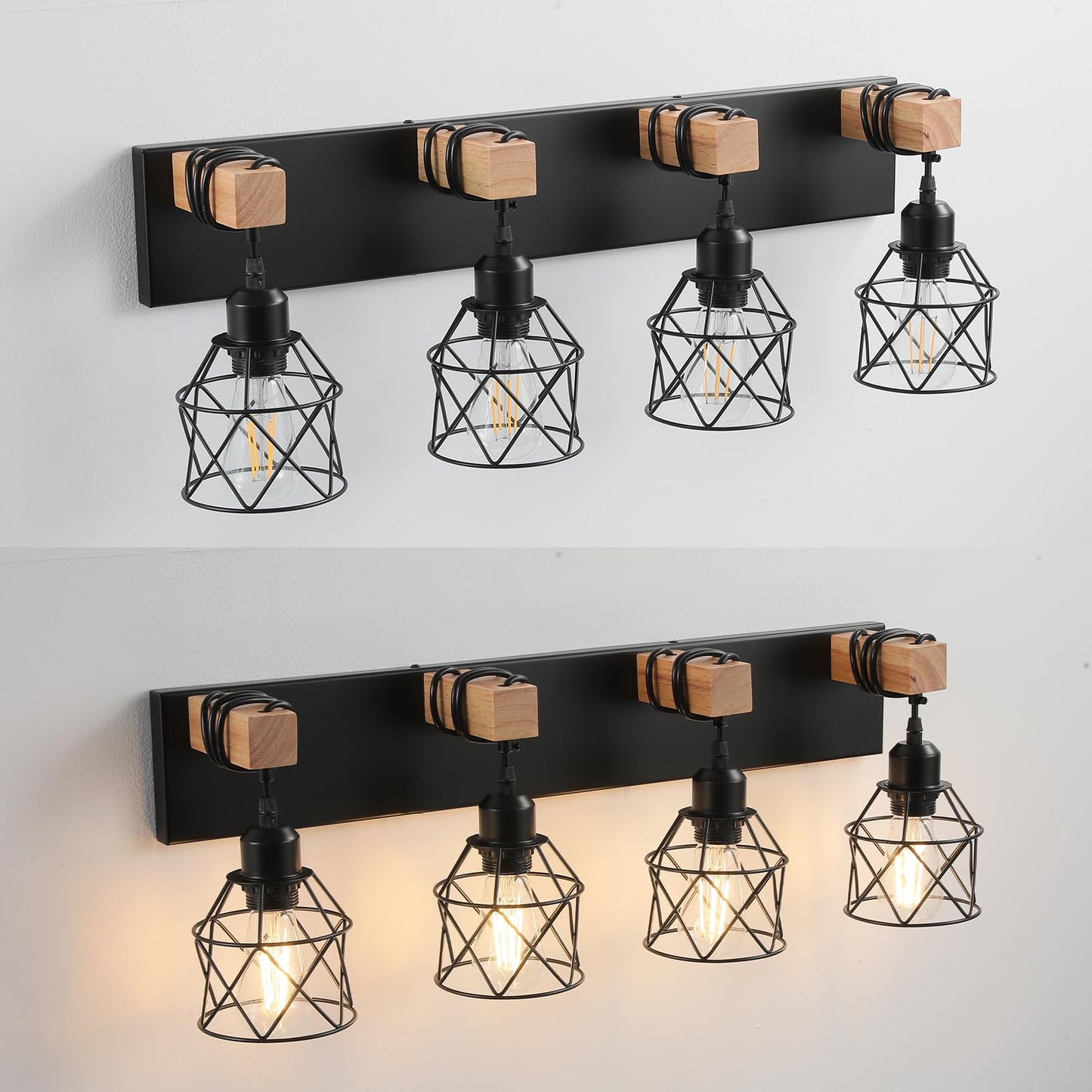 Farmhouse Vanity Light Fixture 4-Light Bathroom Lighting Black Industrial Wood Wall Light Over Mirror With Metal Shade Led Bulbs Not Included