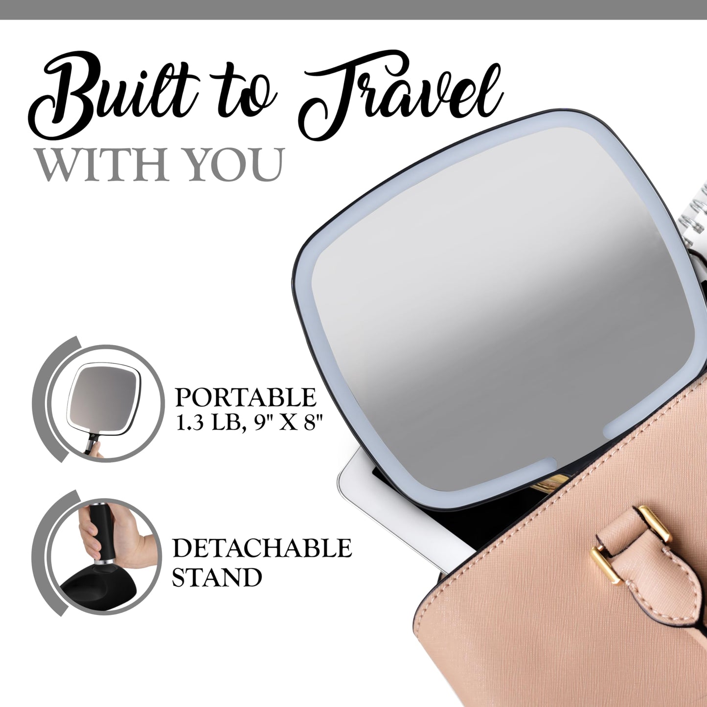 MIRRORVANA Lighted Travel Makeup Mirror - 2 in 1 Handheld & Tabletop LED Mirror with 3 Light Modes, Detachable Stand, and Comfy
