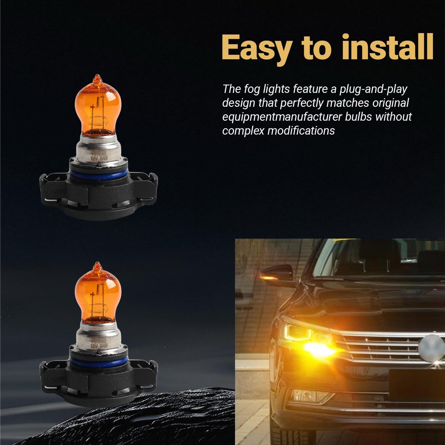 Yytqp 2 Pcs Psy24W Car Fog Light Bulb With Housing 12V Daytime Running Lamps Turn Signal Bulb Brake Light Reversing Light Bulb Automotive Amber Glass Bulbs Lighting Accessory Fit For Most Cars