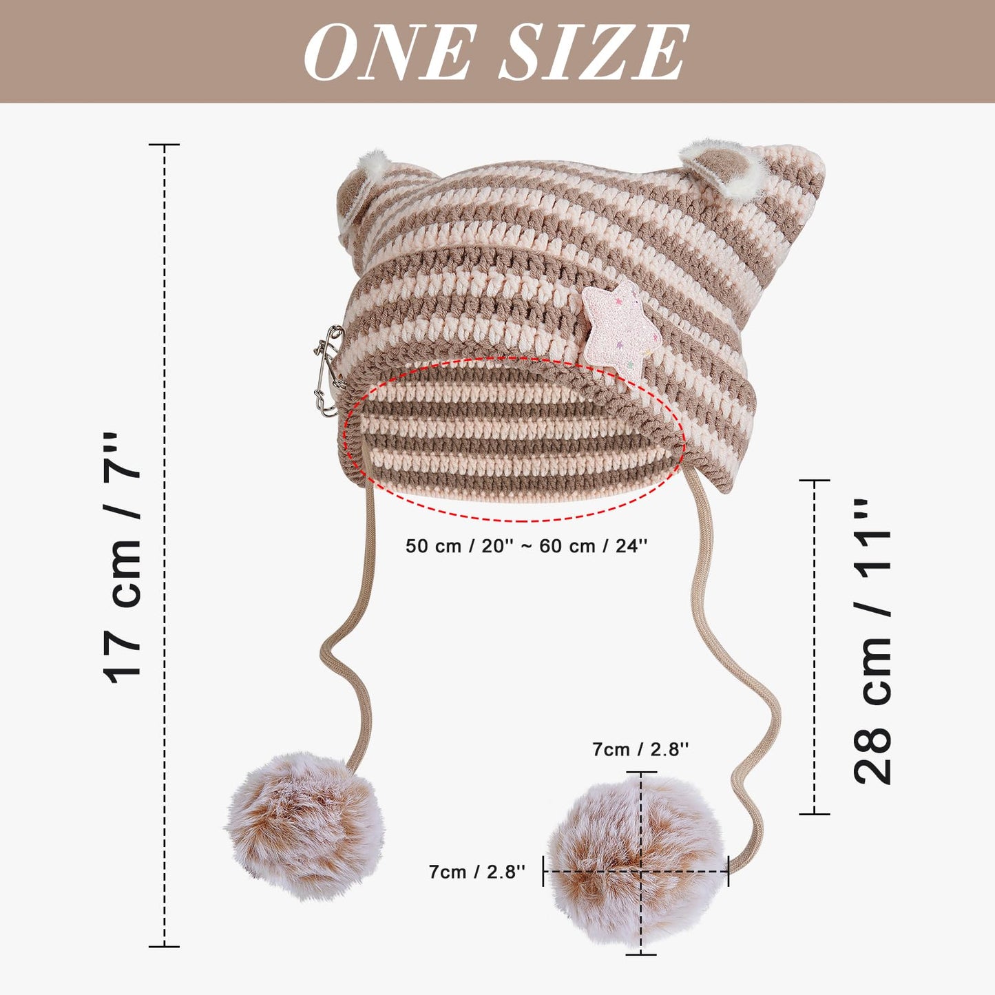 Cat Ear Beanie Y2K Hat, Women Girl Emo Crochet Striped Grunge Goth Star Pom Aesthetic Knit Kawaii Alt Cute Slouchy Skull Cap (Khaki Beige)
