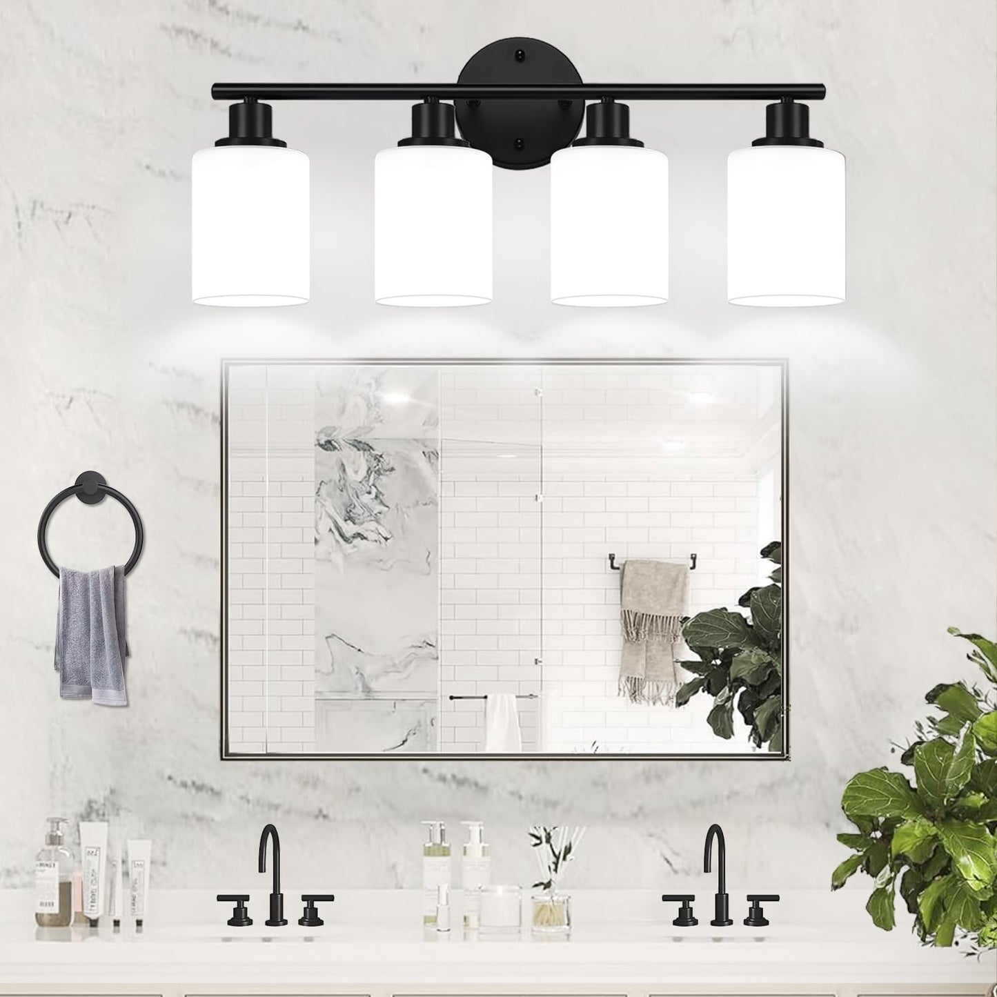 Zarbitta 4-Light Bathroom Light Fixtures, Black Vanity Lights with Milky White Glass Shades, Model OMTYX-016