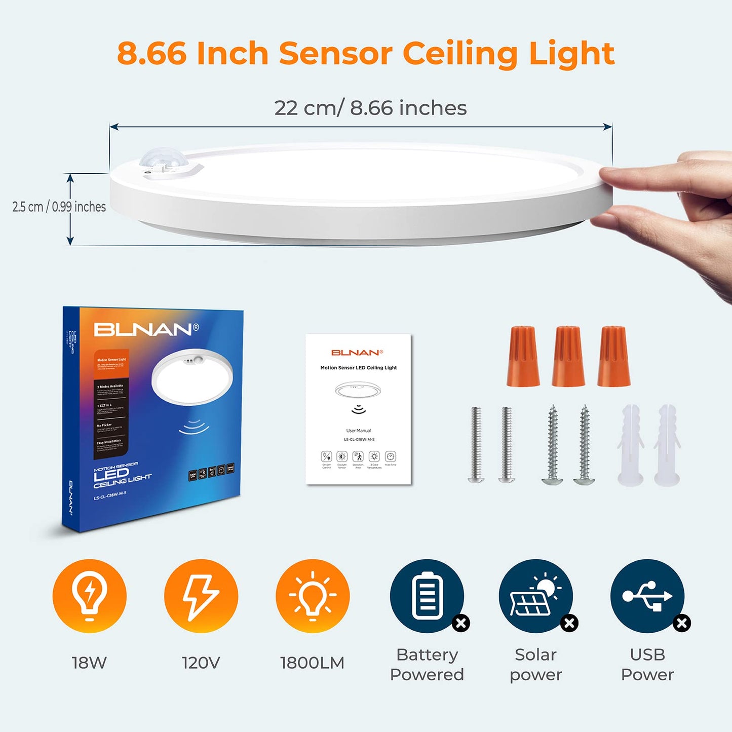 Blnan Motion Sensor Ceiling Light Wired 8.7 Inch 3000K 4000K 5000K Selectable Led Flush Mount Light Fixture Motion Activated Light With Timer For Hallway Stair Walk-In Closet Non-Dimmable 1 Pack