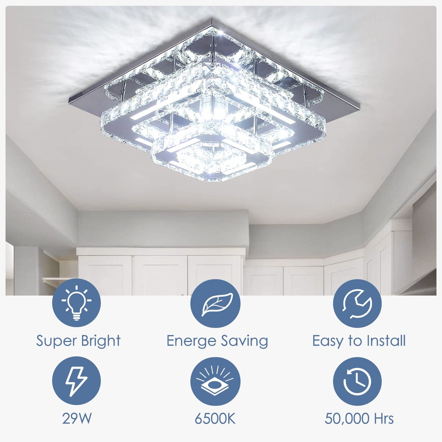 CXGLEAMING Modern LED Chandelier, Square Mini Pendant Light, Stainless Steel & K9 Crystals, Cool White, Model CX-MC031-CW