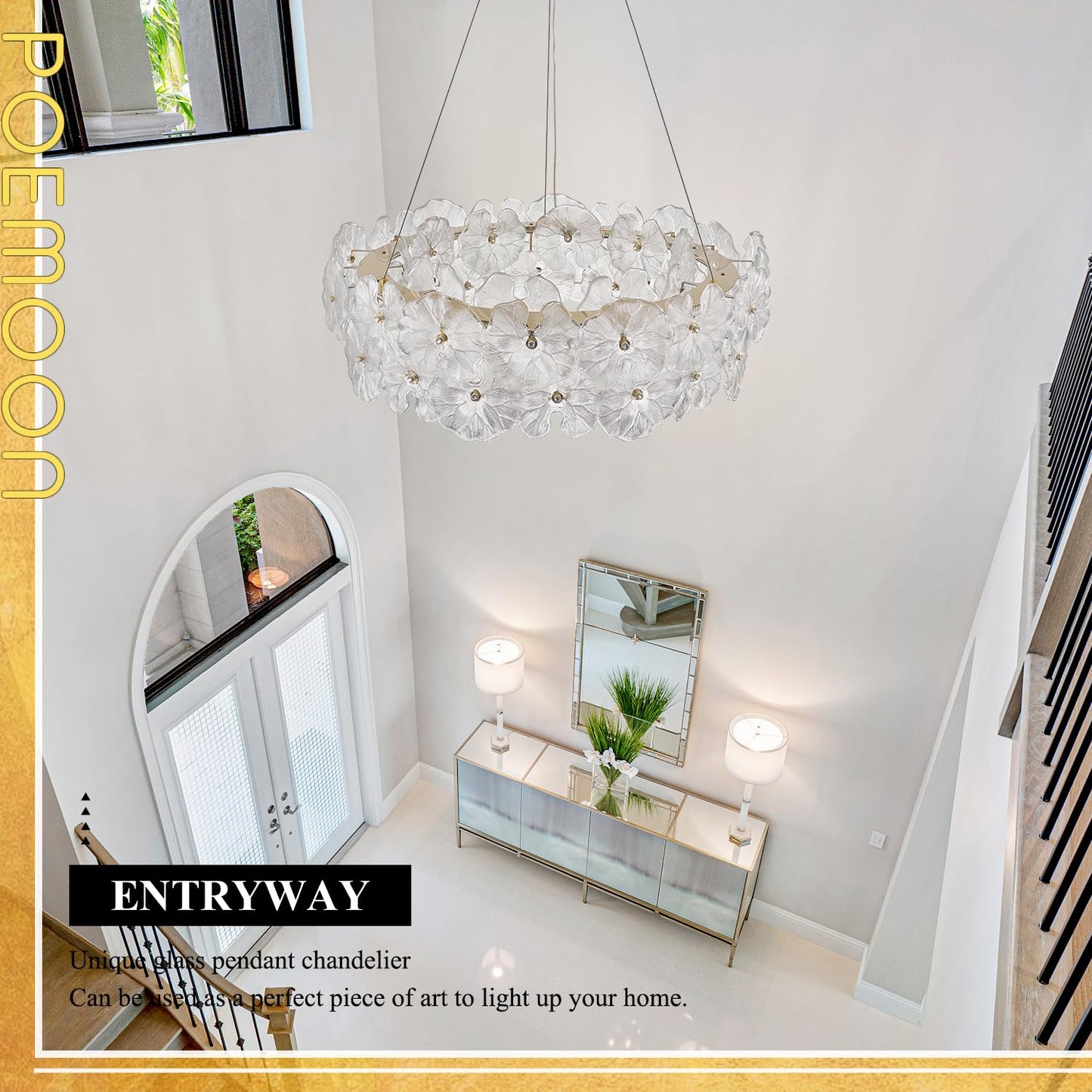 Poemoon 30in Luxury Glass LED Chandelier, Gold-Lotus, Dimmable 3000-6500K, Model P56-800G1, Modern Design for High Ceil