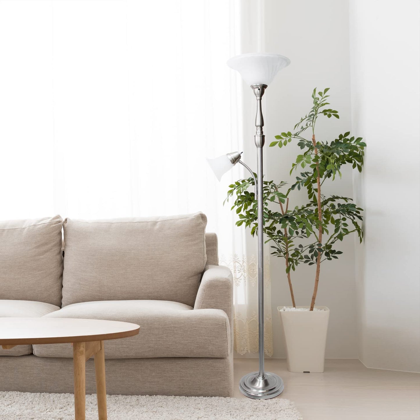 LALIA HOME Torchiere Floor Lamp with Reading Light, Marble Glass Shades, Brushed Nickel, Model LHF-3003-BN