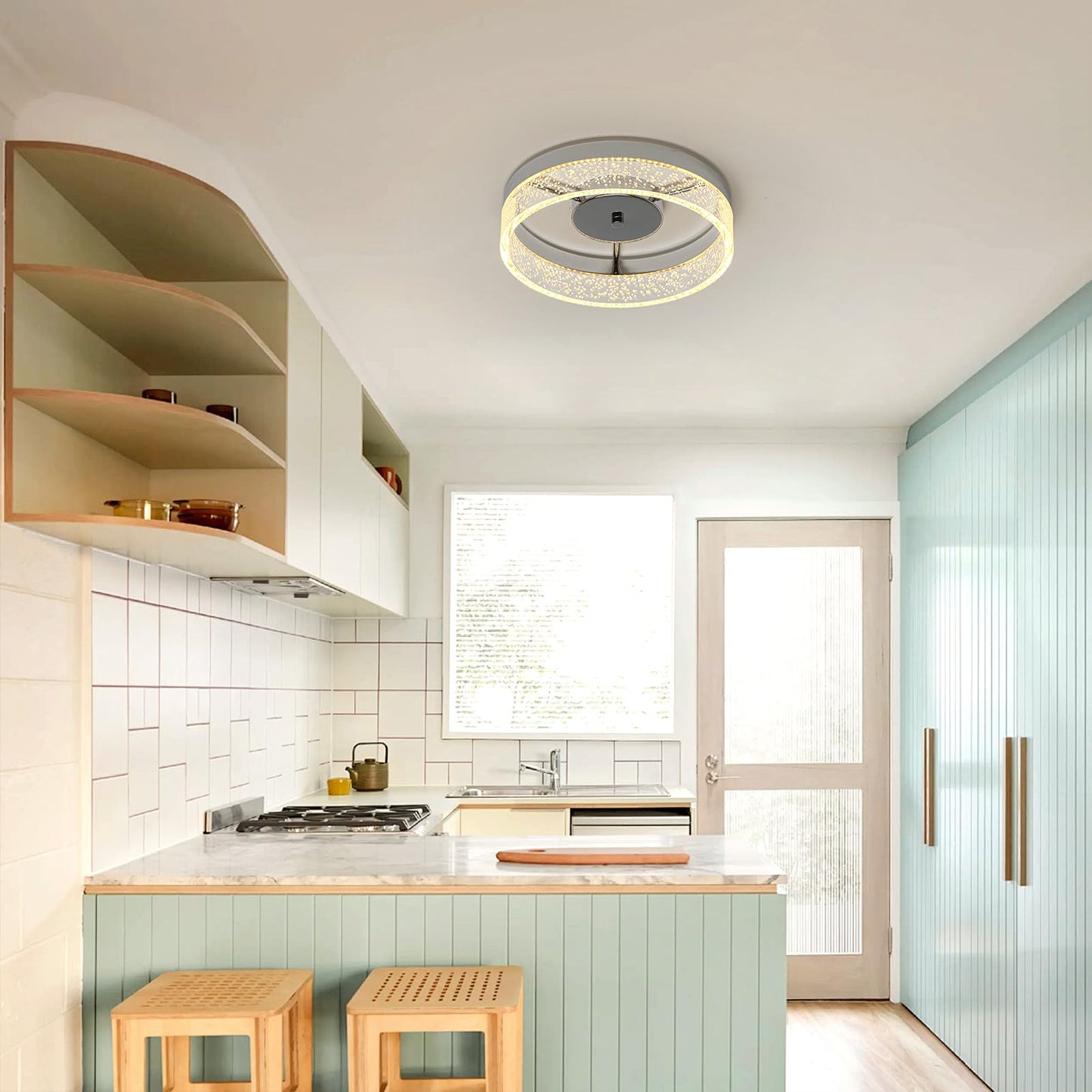 Jaycomey LED Flush Mount Ceiling Light, 11.6in Round, Dimmable, Acrylic Seed Lampshade, Brushed Nickel, Model MX0790-CH