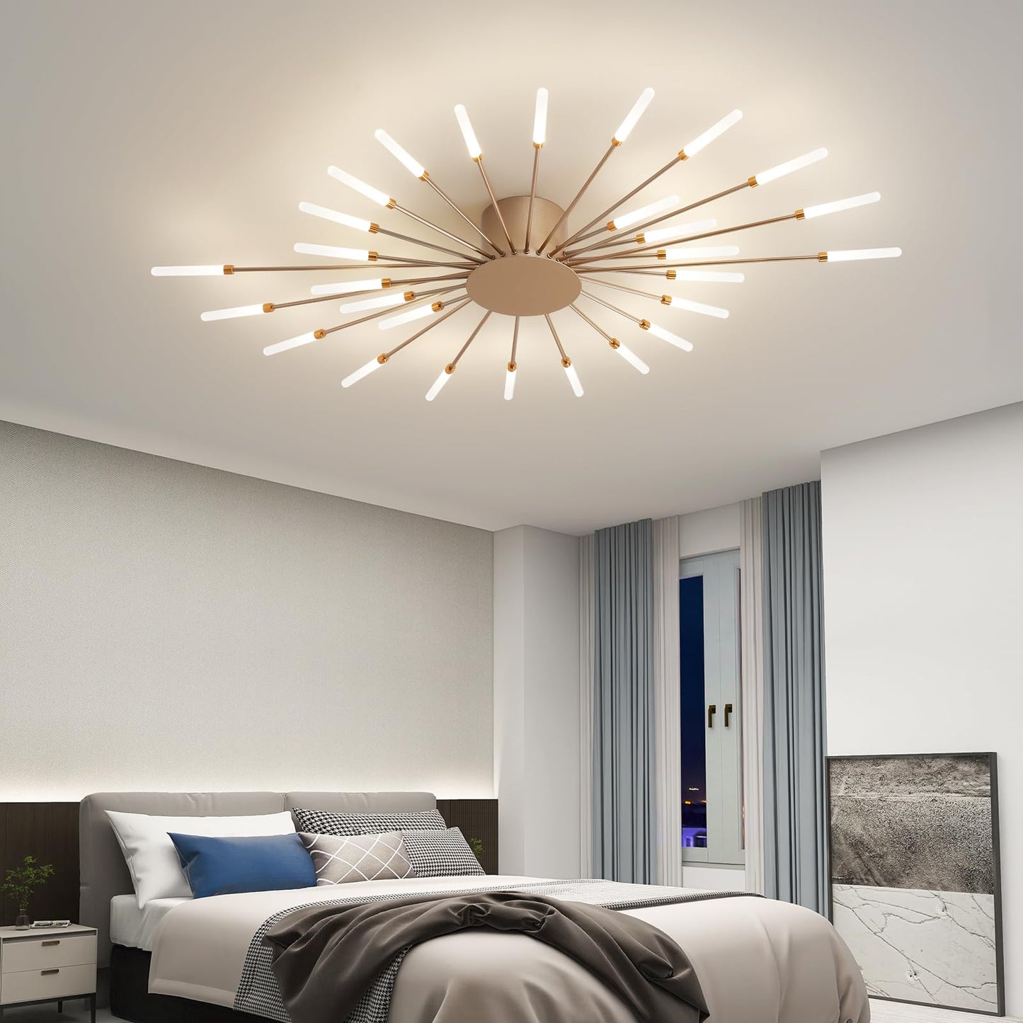 Ziidoo Modern Ceiling Light 28 Lights Metal Firework Designed Chic Led Lighting Fixture For Farmhouse Kitchen Dining Room Bedroom Hallway Living Room (Gold And Dark Gold)