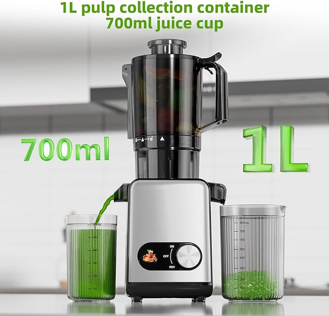 Crzoe Cold Press Juicer with a 4.35 Wide Feed Chute for Whole Fruits and Vegetables, Knob control, Slow Masticating juicer, Easy to Clean Low noise and High juice Yield, Stainless Steel