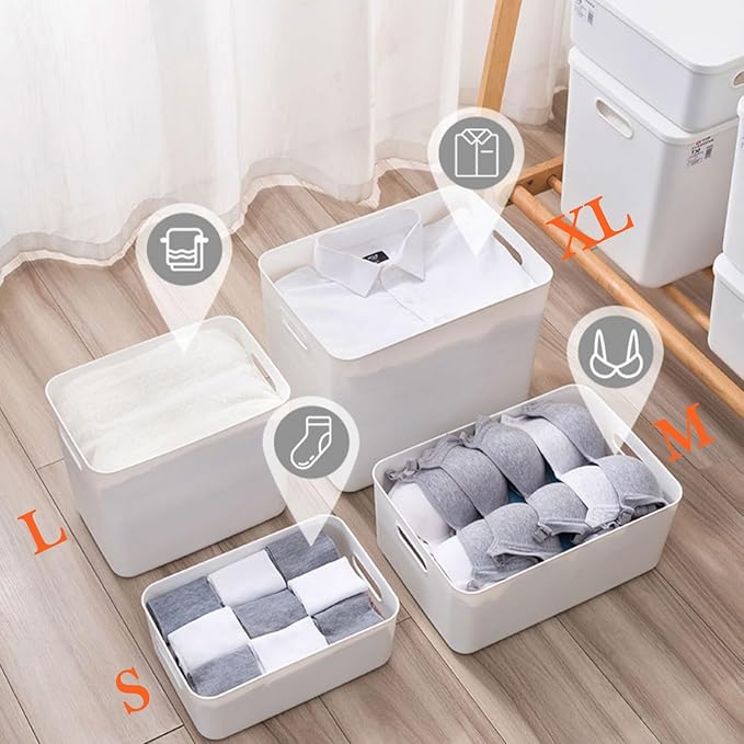 4 pack large plastic White storage bins Baskets, Toy Box Chest with Lids and Handle,Organizer Containers for Baby,Kids,snacks,Nursery,Shelves,Playroom, Bedroom,Office,Closet,home