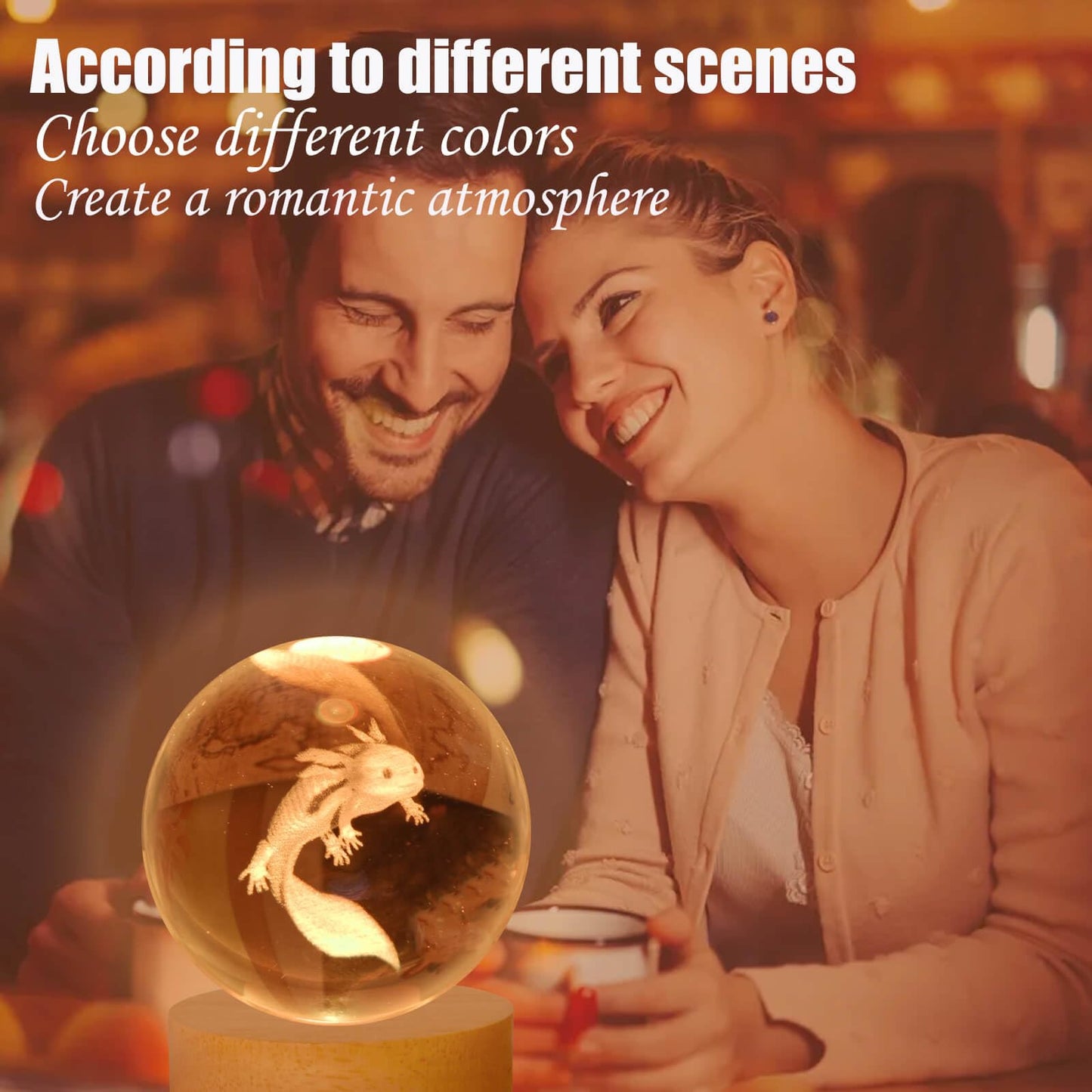 LINSINA Axolotl Crystal Ball Night Light Lamp, 3D K9 Glass, 16 Colors, 3.15in, Wooden Base, Remote Control, Model lamp-01