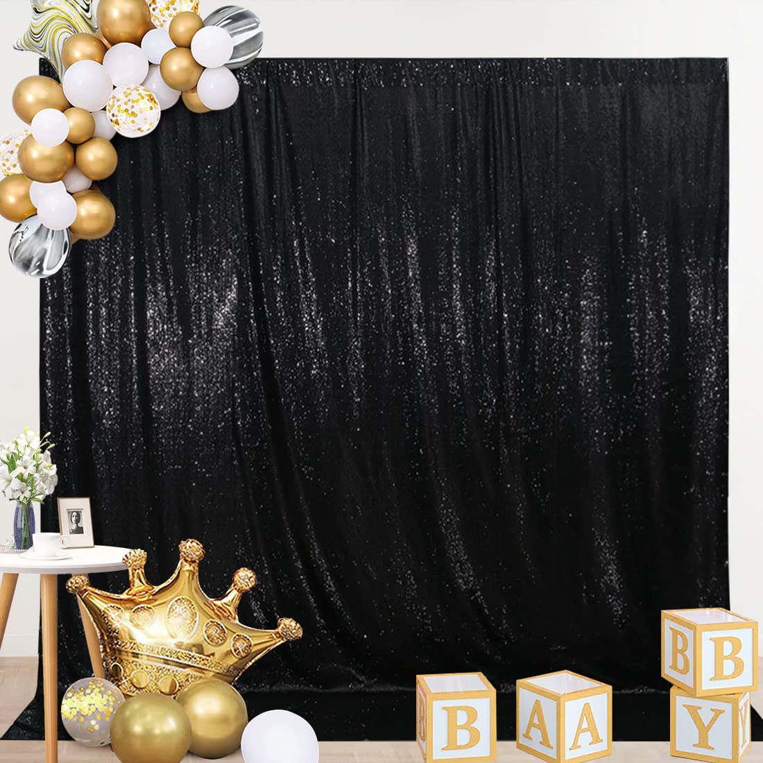 SquarePie Sequin Backdrop Less See Through Thick Background Glitter Curtain for Halloween Party 6FT x 6FT Black -Like New