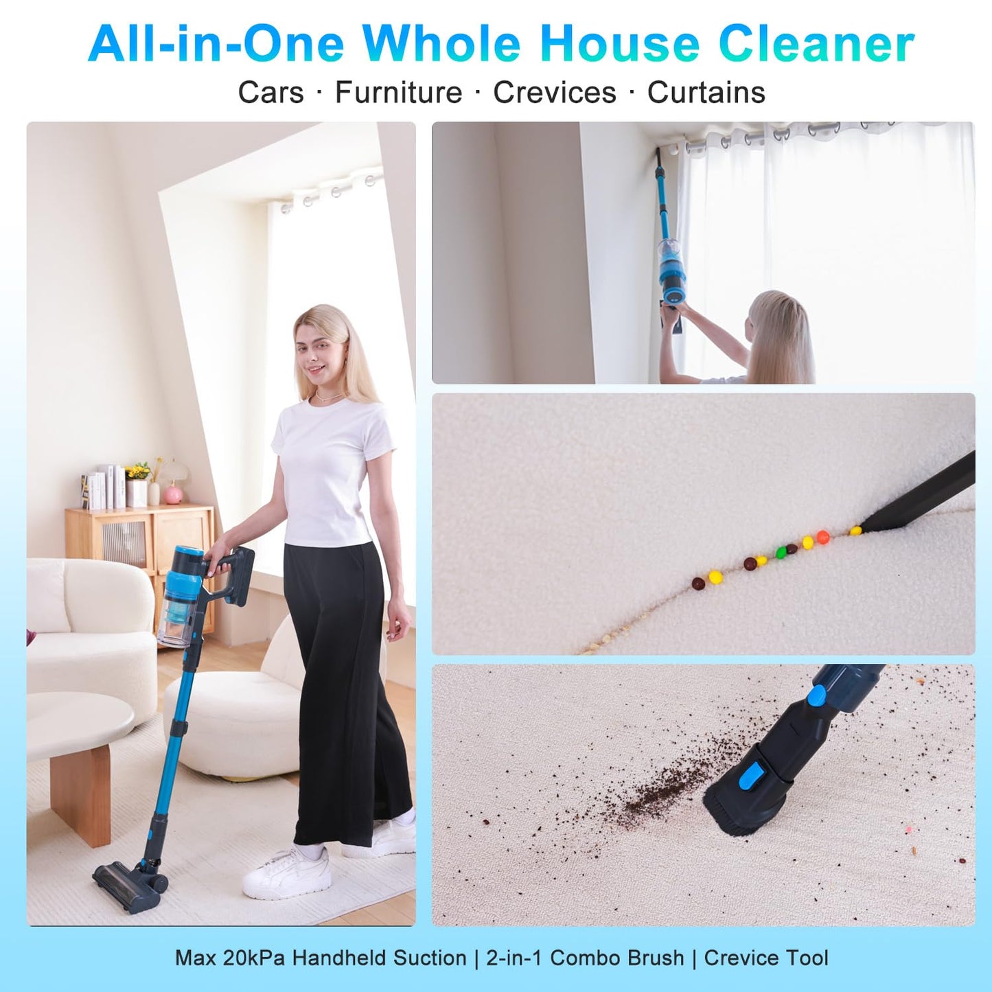 PRAVOLE Cordless Vacuum Cleaner - 400W, 48kPa Suction, 65min Runtime, Blue, Self-Standing, Anti-Tangle for Home & Pet Hair
