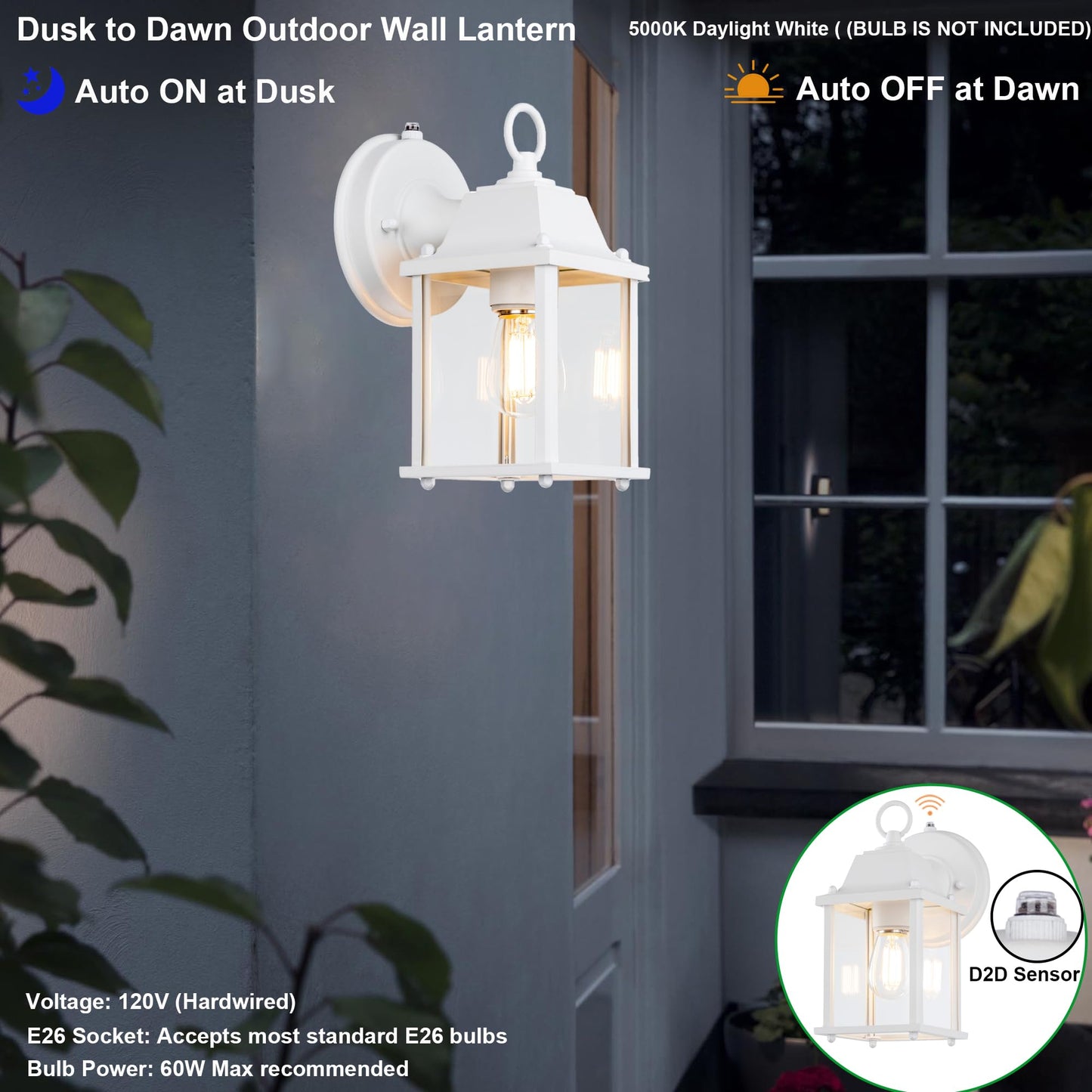 LIT-PaTH Dusk to Dawn Outdoor Wall Lantern, Waterproof Aluminum, E26 Base, 2-Pack, White, Model LT-WL009P-WT-2PK